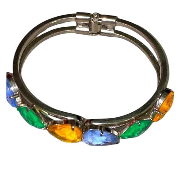 Vintage Colorful Rhinestone Heart Silver Tone Clamp Clamper Bracelet - Picture 6 of 6